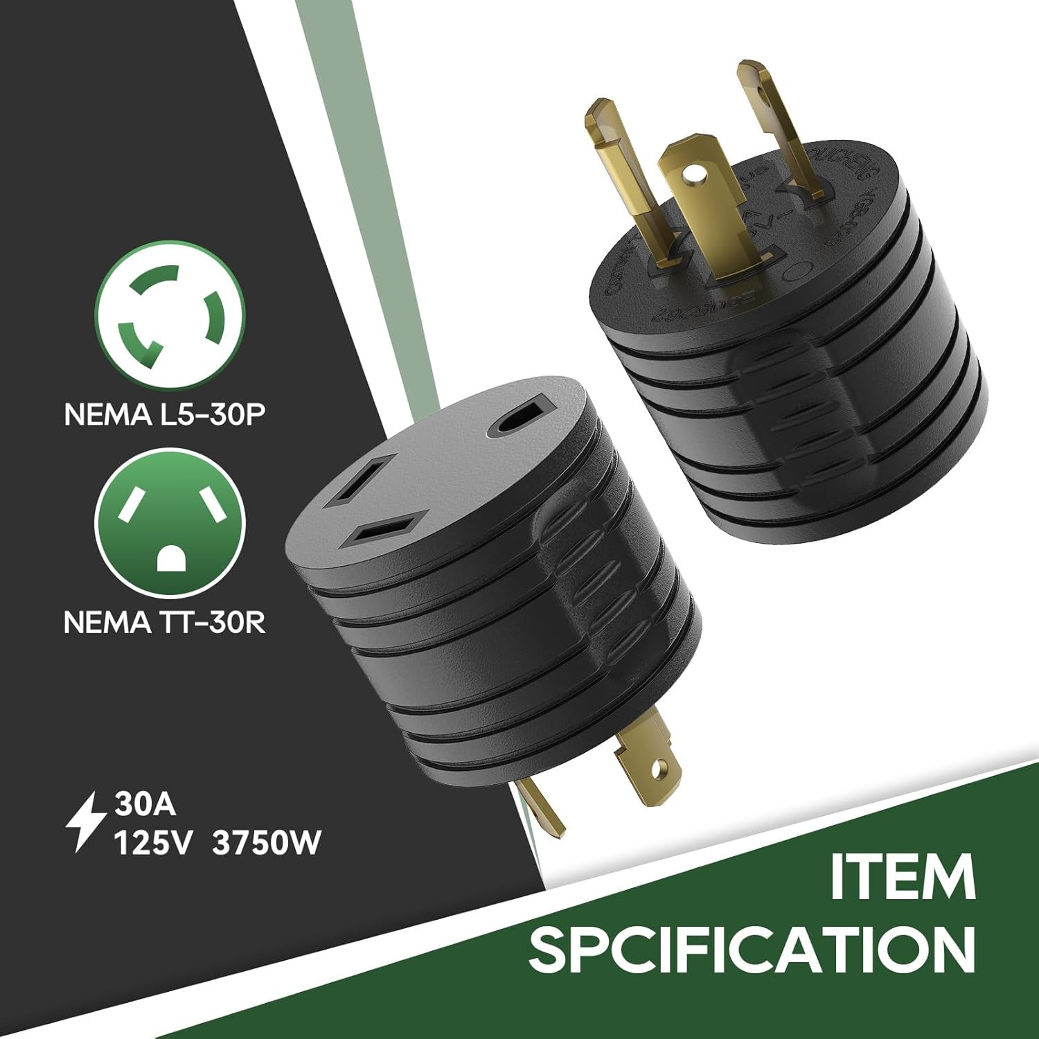 RVGUARD Generator Adapter Plug 3 Prong to RV 30 Amp, NEMA L5-30P to NEMA TT-30R