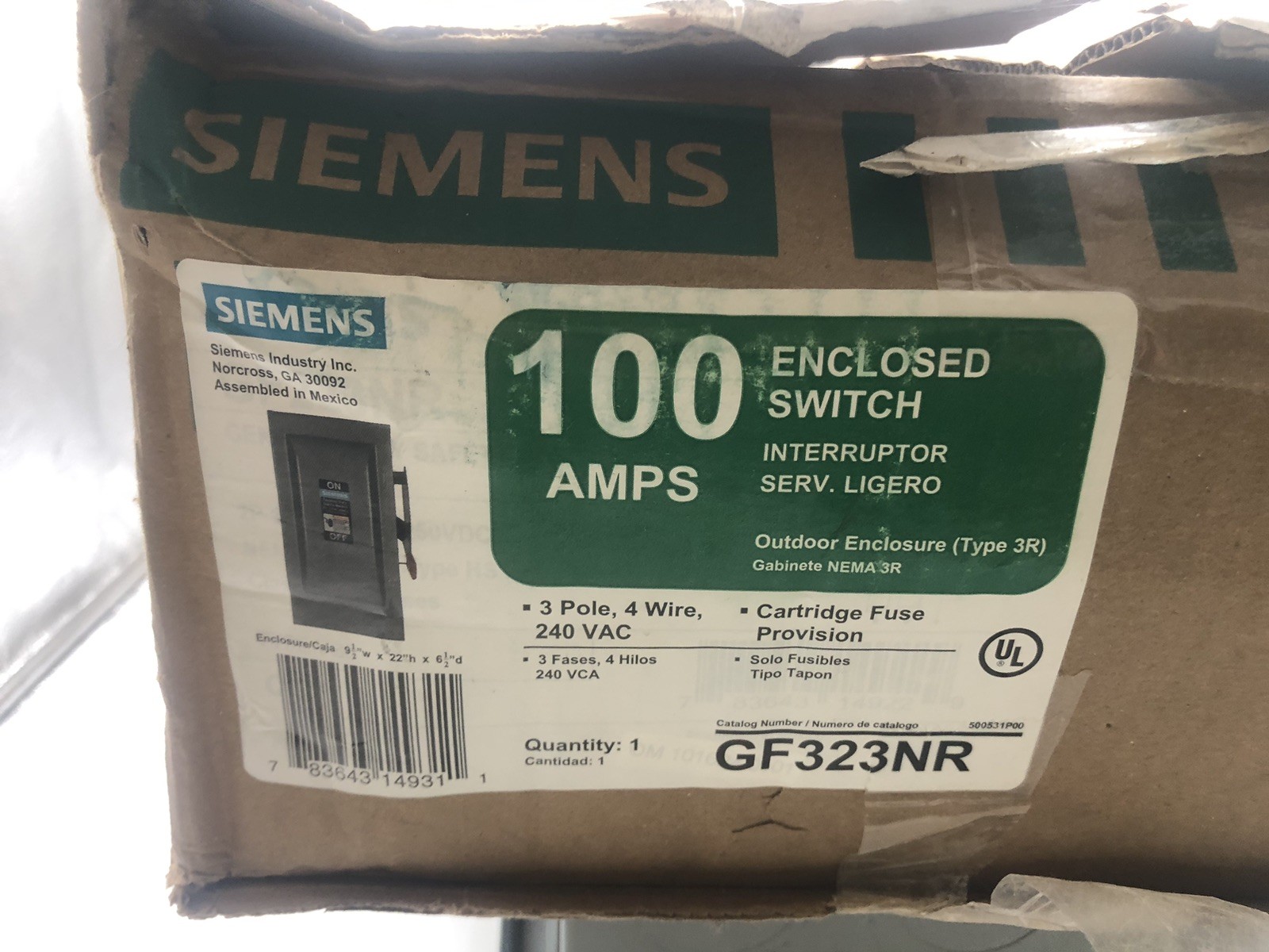 Siemens GF323NR 100 Amp 240 VAC 3 Pole NEMA 3R Outdoor Fusible Disconnect *