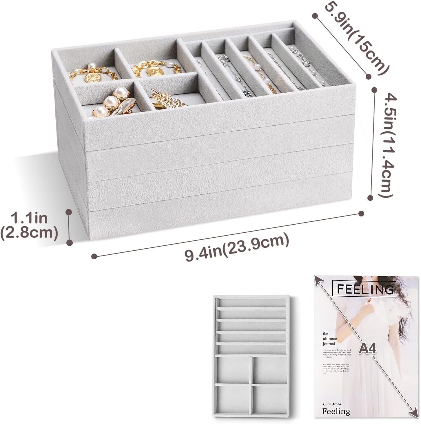 ProCase Set of 4 Stackable Jewelry Organizer Trays for Drawers, L, 1 -Grey