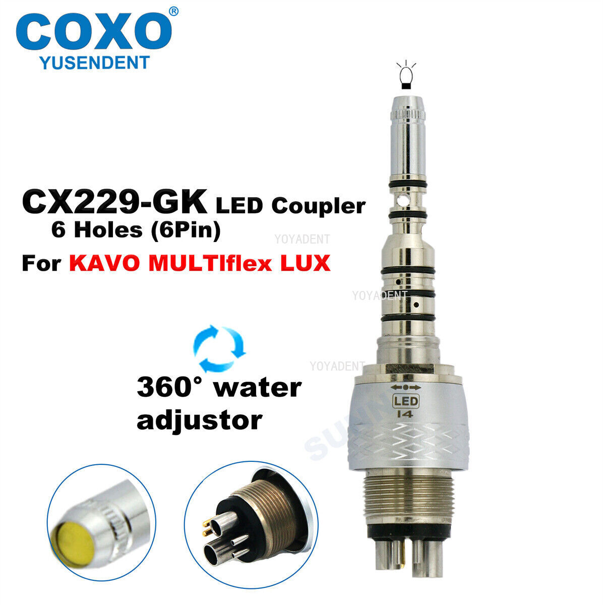 COXO Dental Turbine Fiber Optic High Speed Handpiece LED Coupler 6 Pin Fit KAVO