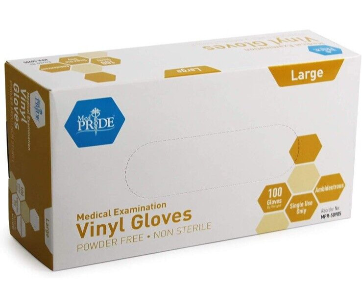 MedPride Powder-Free Vinyl Exam Gloves, LARGE, Box/100