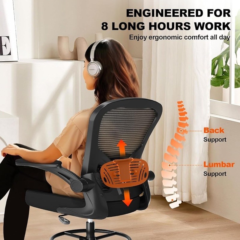 Ergonomic Drafting Chair Adjustable Lumbar Support Flip-up Armrests Footrest