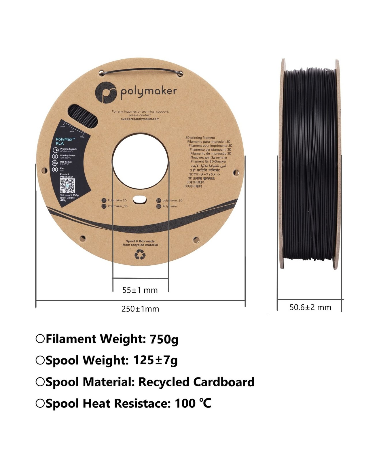 Polymaker Polymax Tough PLA 3D Printer Filament 1.75mm 0.75kg Black, PolyMax …