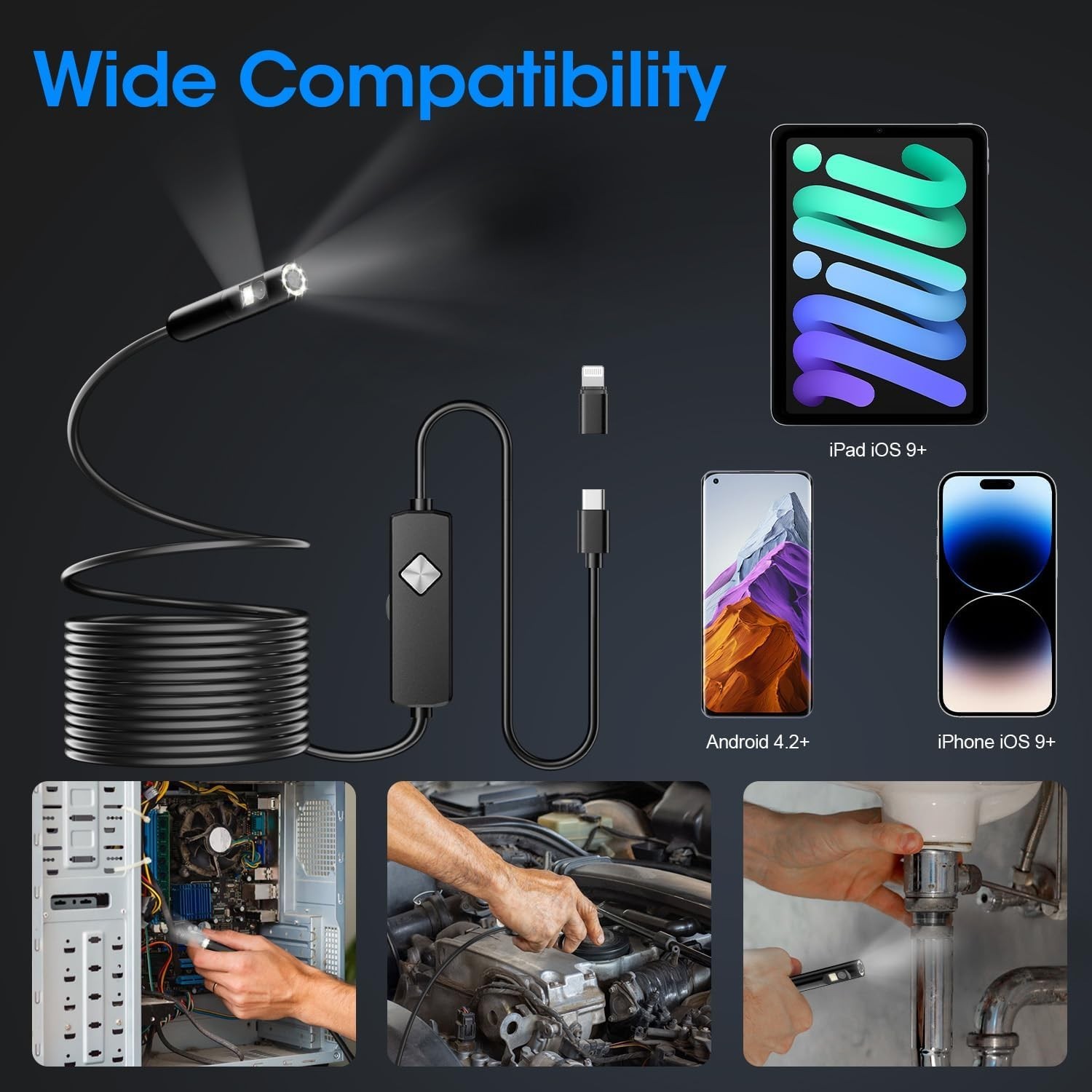 Endoscope with Light, 1920P HD Borescope with 8 Adjustable LED Lights, Semi-Rigi