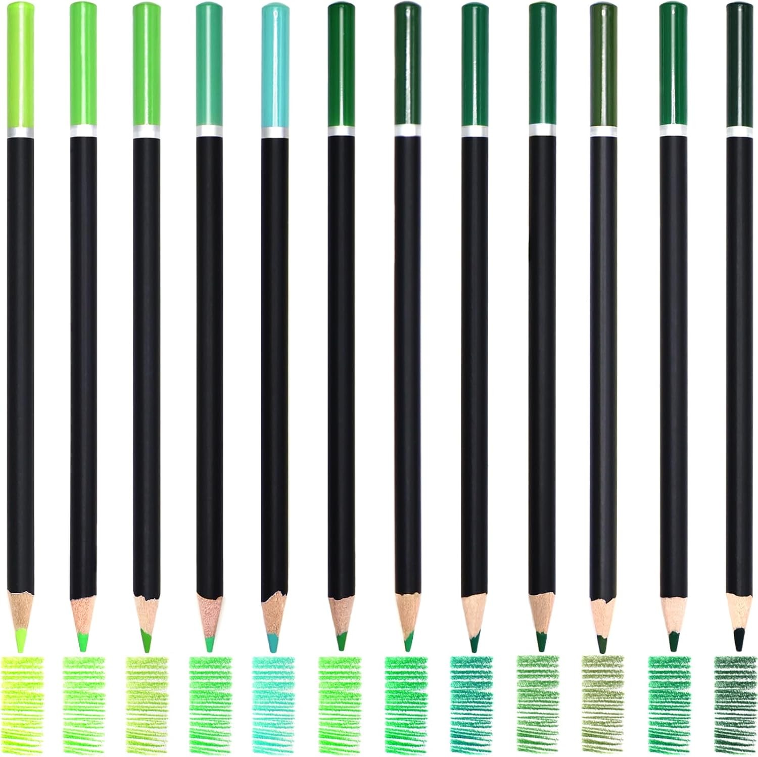 12 Colors Green Colored Pencils for Teens Adults, Oil Based Wooden Colored