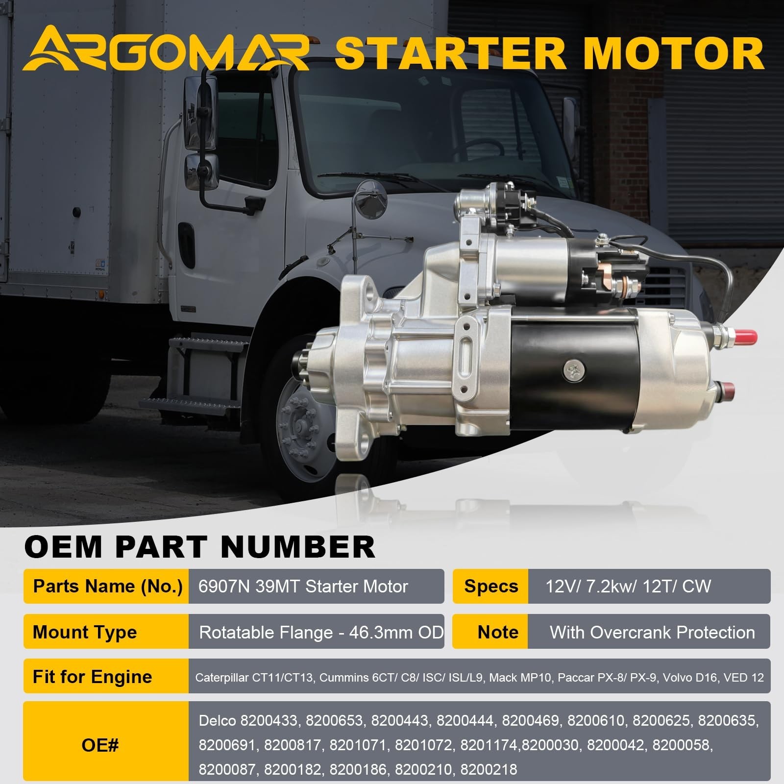 39MT HD Starter Motor Replaces 8200433 12T 12V 7.3kW Rotatable Flange & OCP |…