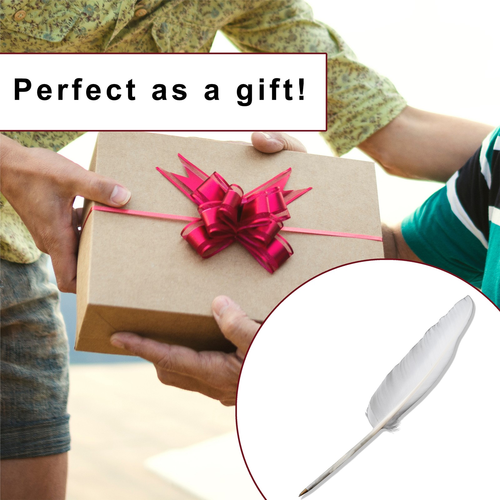 Fancy White Goose Feather Pen Black Ink Ballpoint Wedding, Office, Signing Quill