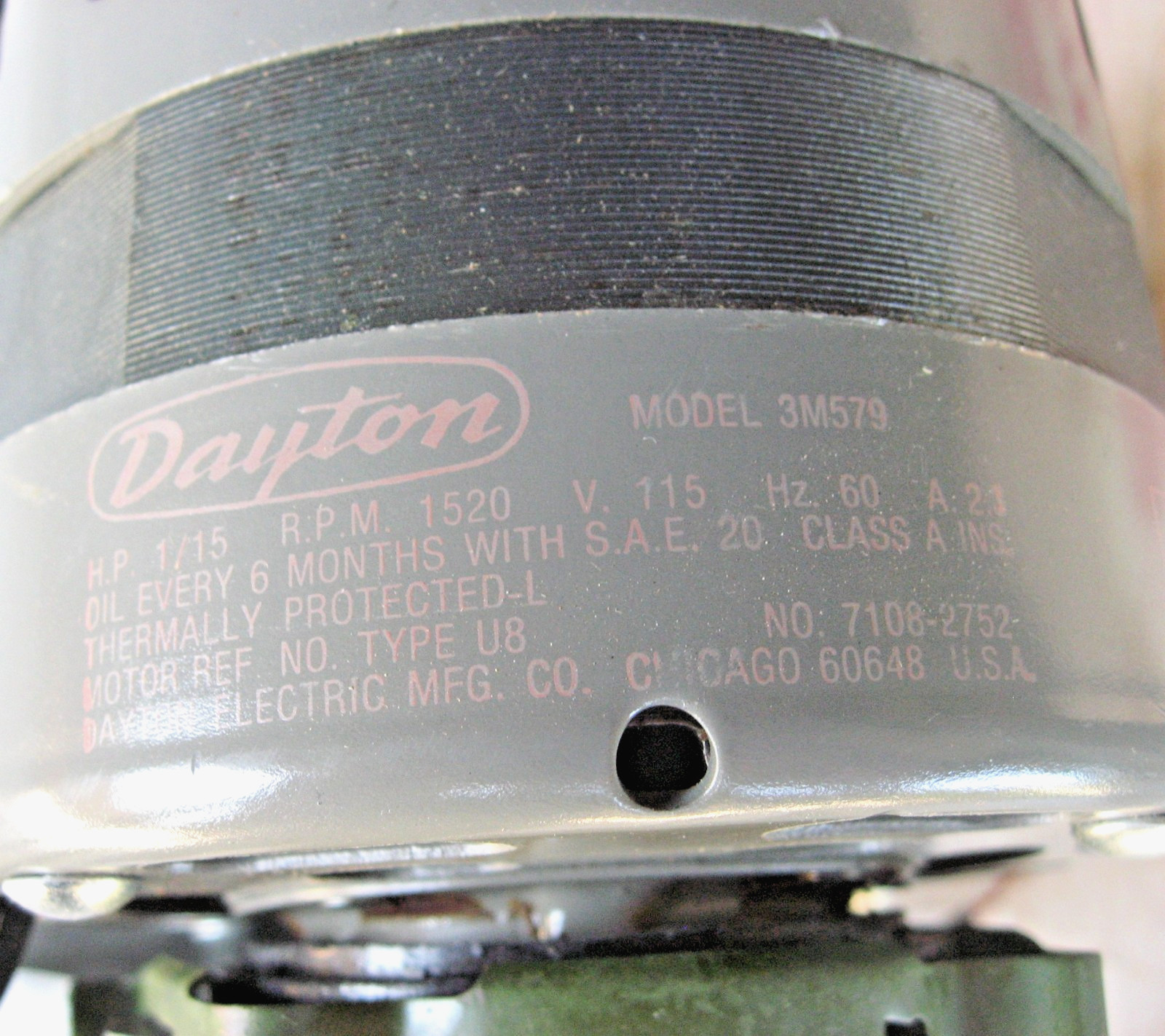 Dayton 1/15 HP Air Over Fan Motor Grainger 3M579 1550 RPM 115v 60 Hz CW 3/8″ Dia