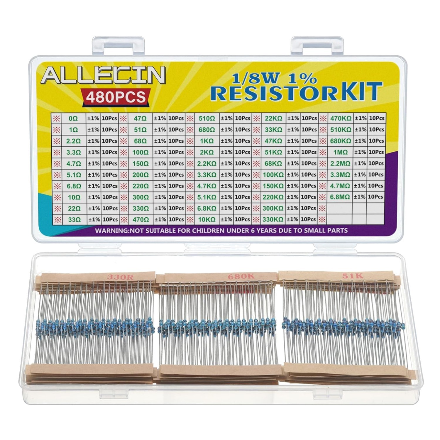 1/8 Watt Resistor Assortment Kit – 48 Values from 1 Ohm to 6.8M Ohm for Projects
