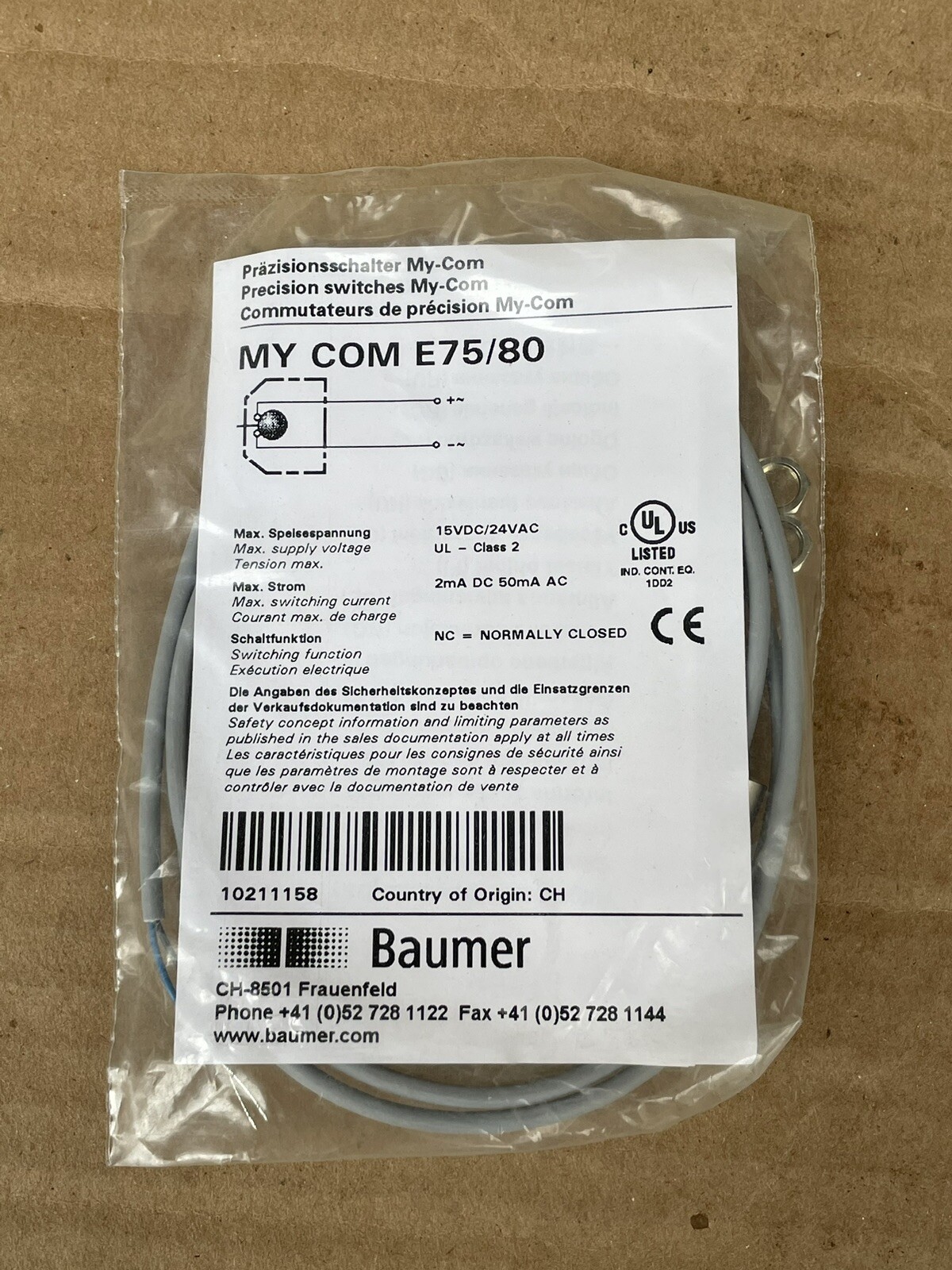 New BAUMER ELECTRIC 10211158 Sensor – MY COM E75/80, 15VDC/24VAC, 2mA, IP50, NC