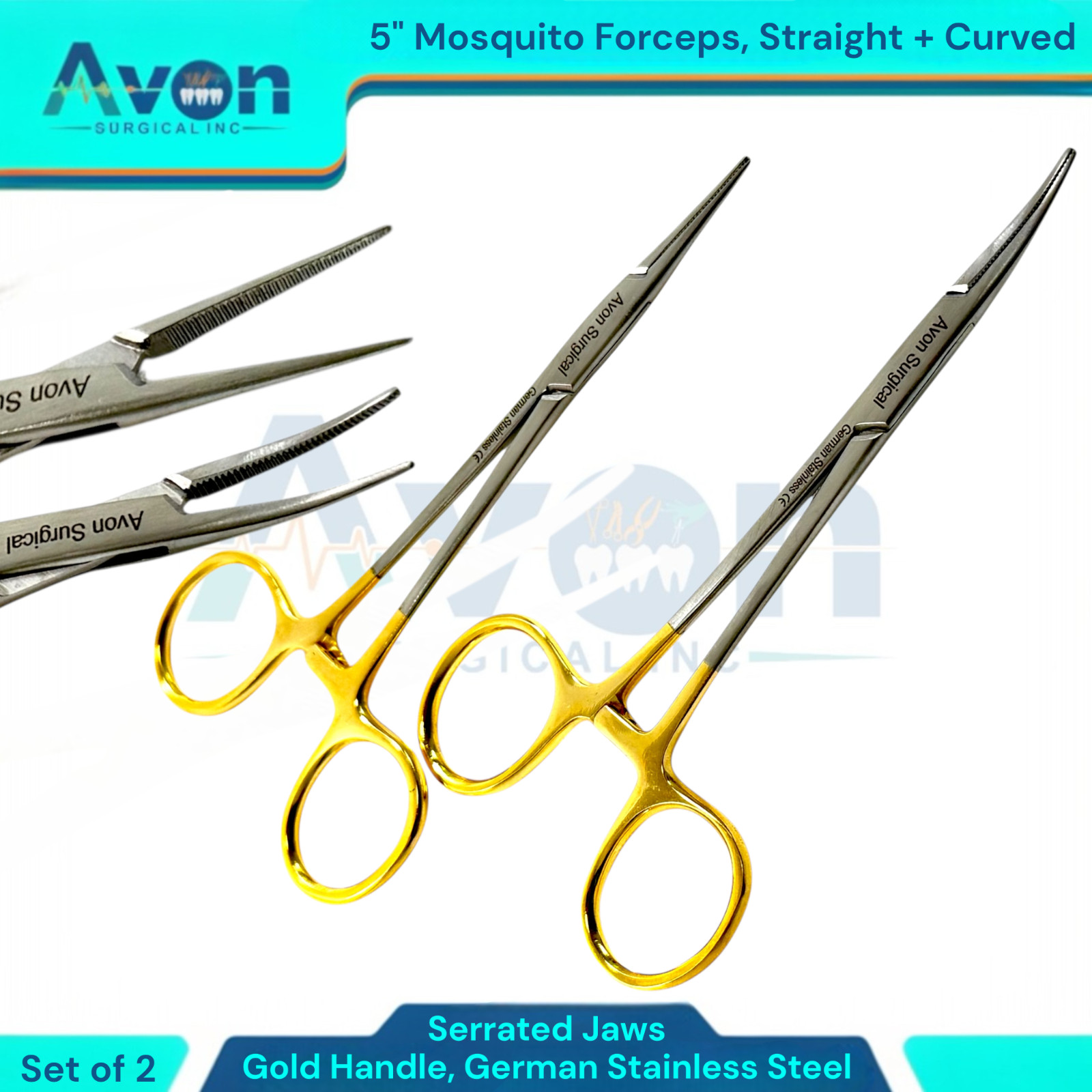 Multi-Purpose Hemostat Forceps W/ Serrated Jaws & Gold Handle – German Steel 2PK