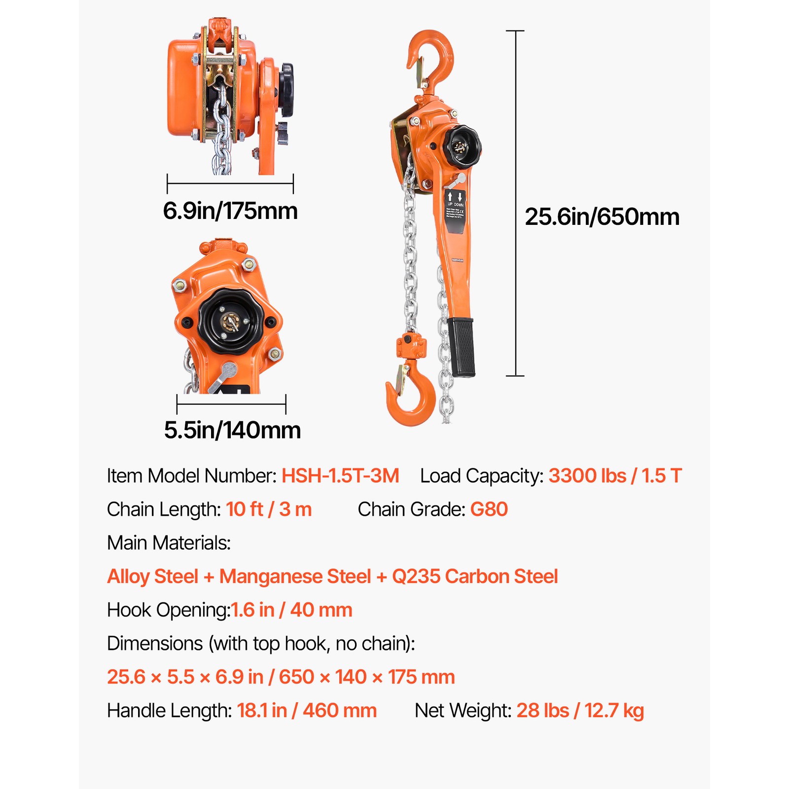 Uimoso Manual Lever Chain Hoist 1.5T 3300 lbs 10 ft Lift for Warehouse Use