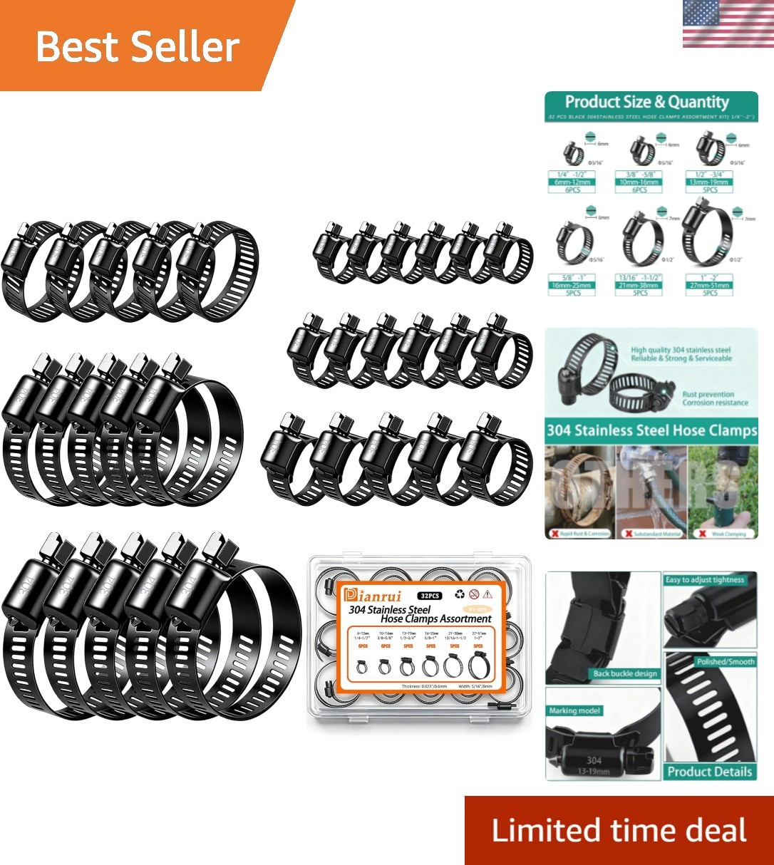 32PCS Stainless Steel Hose Clamps Kit 6-51mm Worm Gear Pipe Fuel Line Clamps