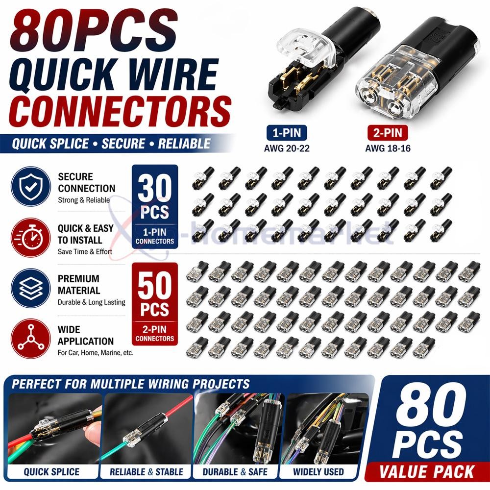 80 PCS Plug-In Quick Wire Connectors, Reusable Clamp Terminal Blocks for Cables
