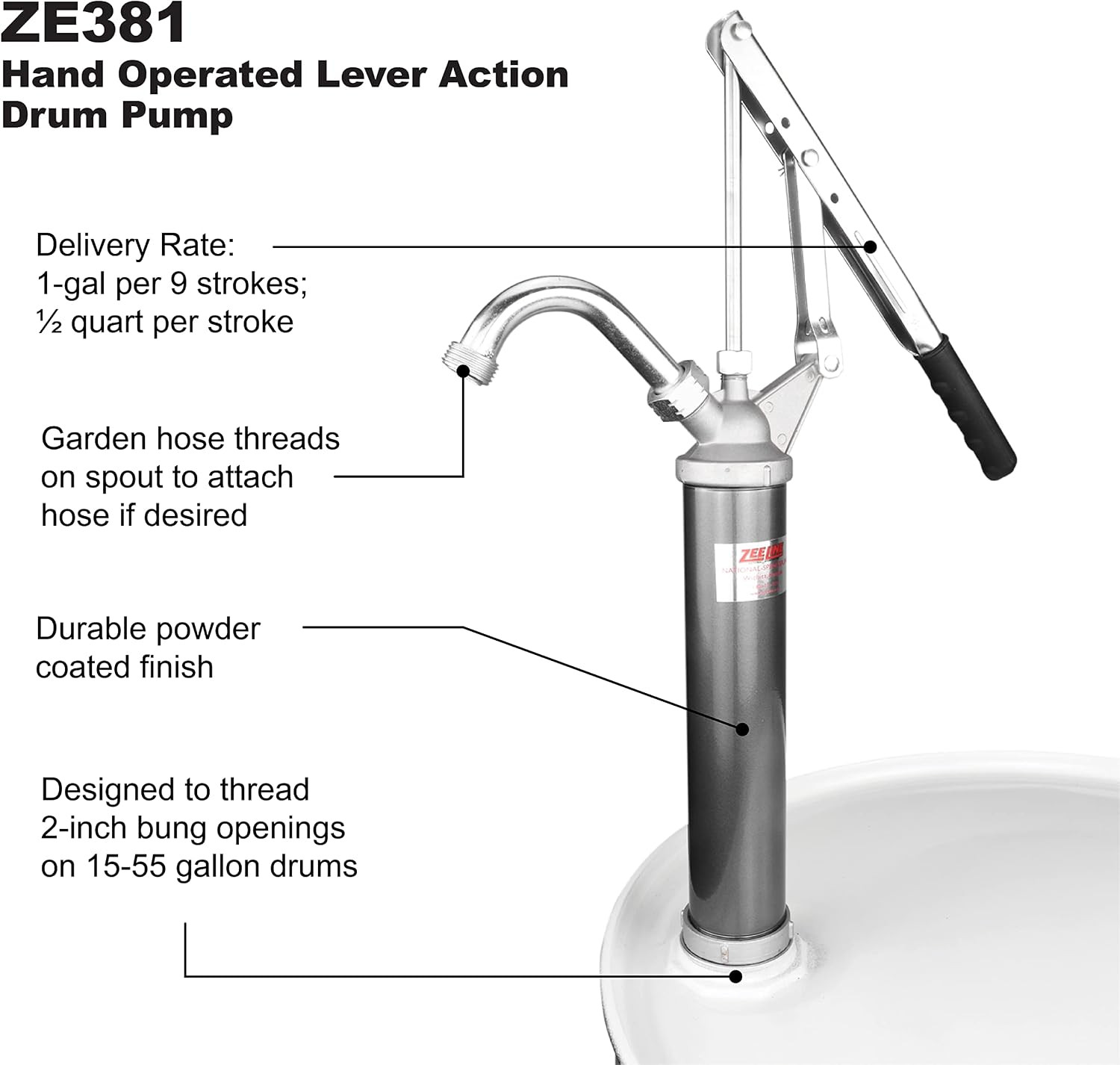 ZE381, Lever Action Pump for 15-55 Gallon Drum Pump, 1 Gallon per 9 Strokes, Bar