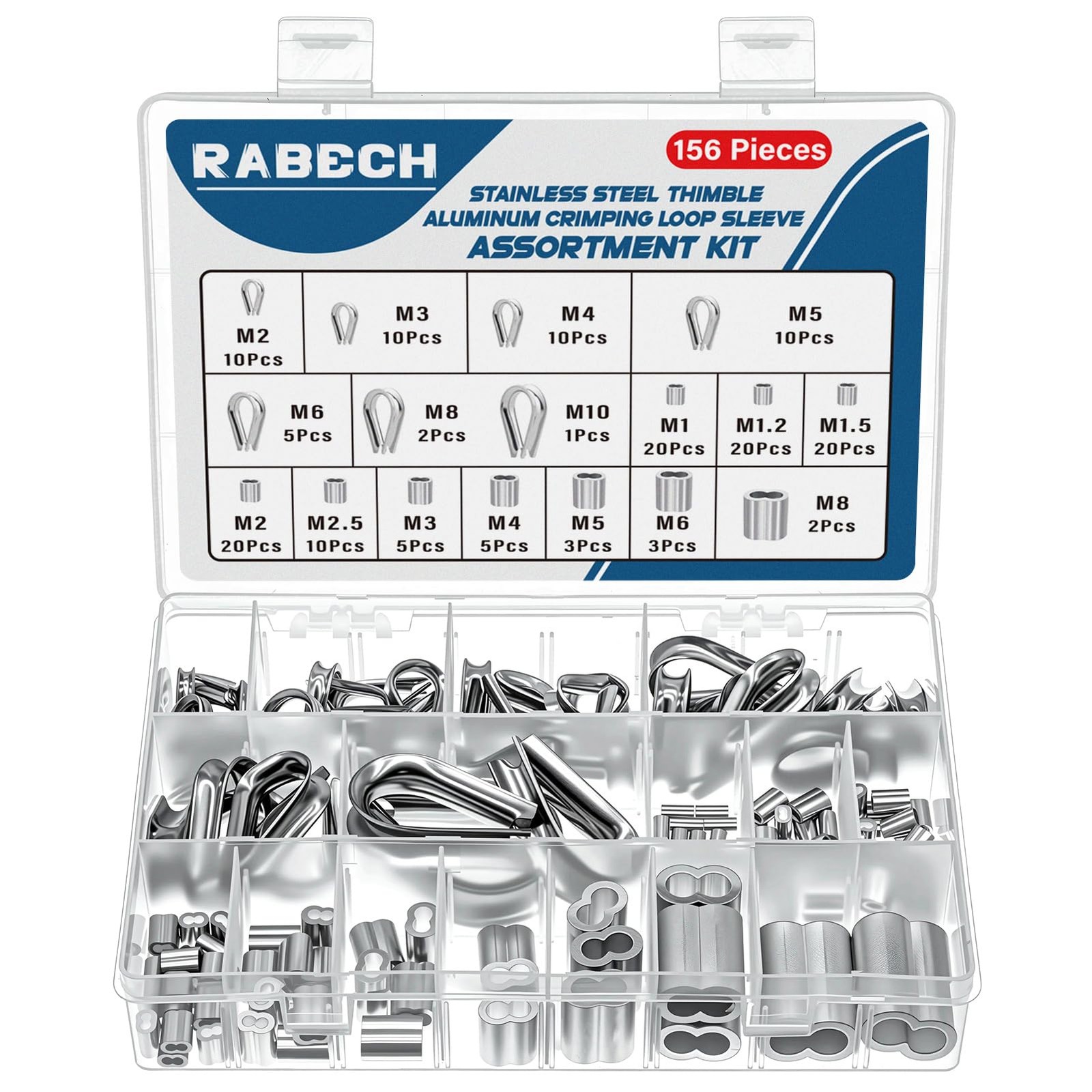 RABECH 156pcs Wire Rope Thimbles and Crimping Sleeves Kit