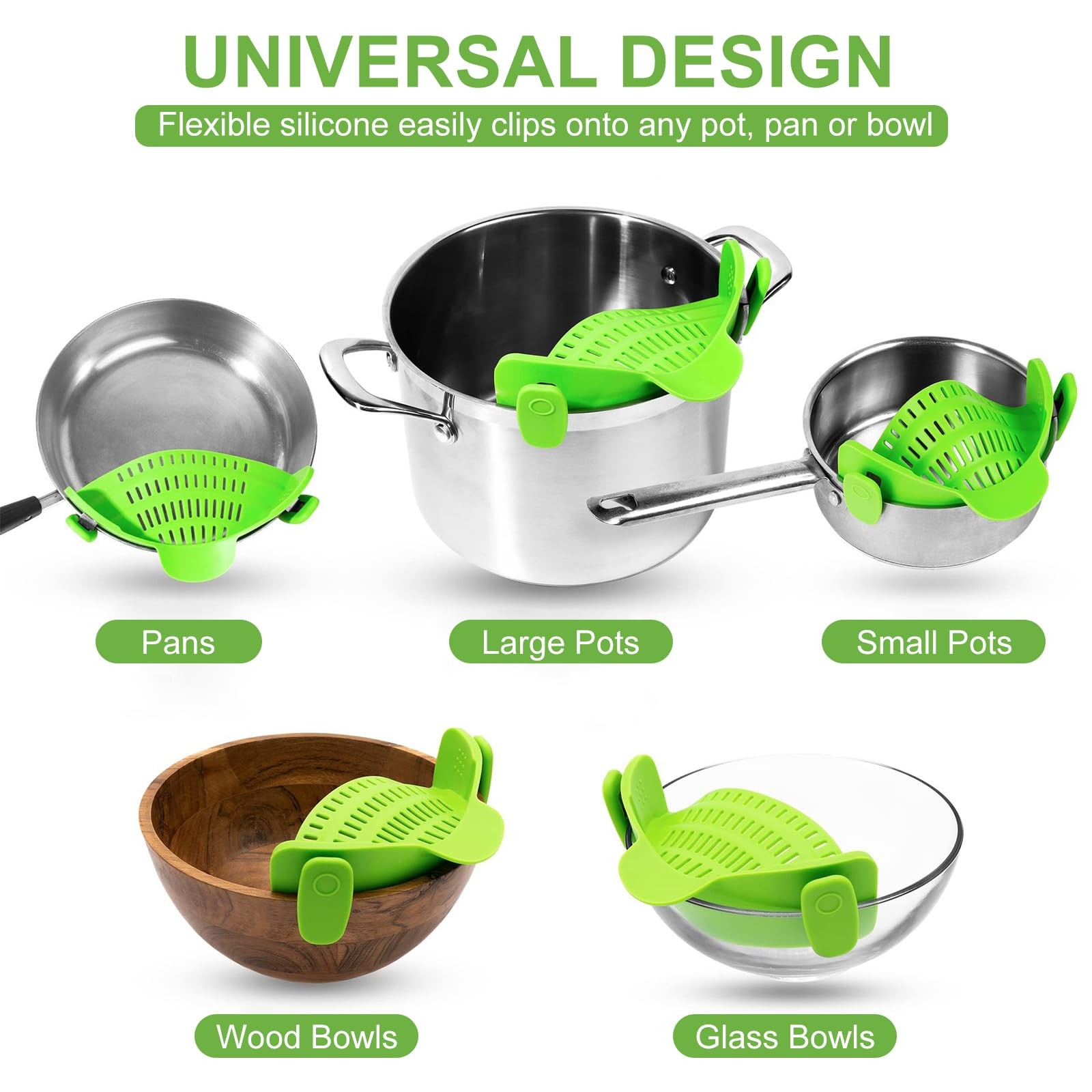 AriesMu Pasta Strainer Clip-on Silicone Colander for 9.45*4.72*2.36in, Green
