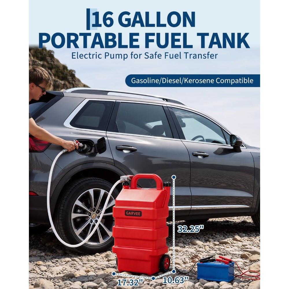 16 Gallon 60L Portable Fuel Caddy Tank w/12V/4AA Battery Powered Transfer Pump