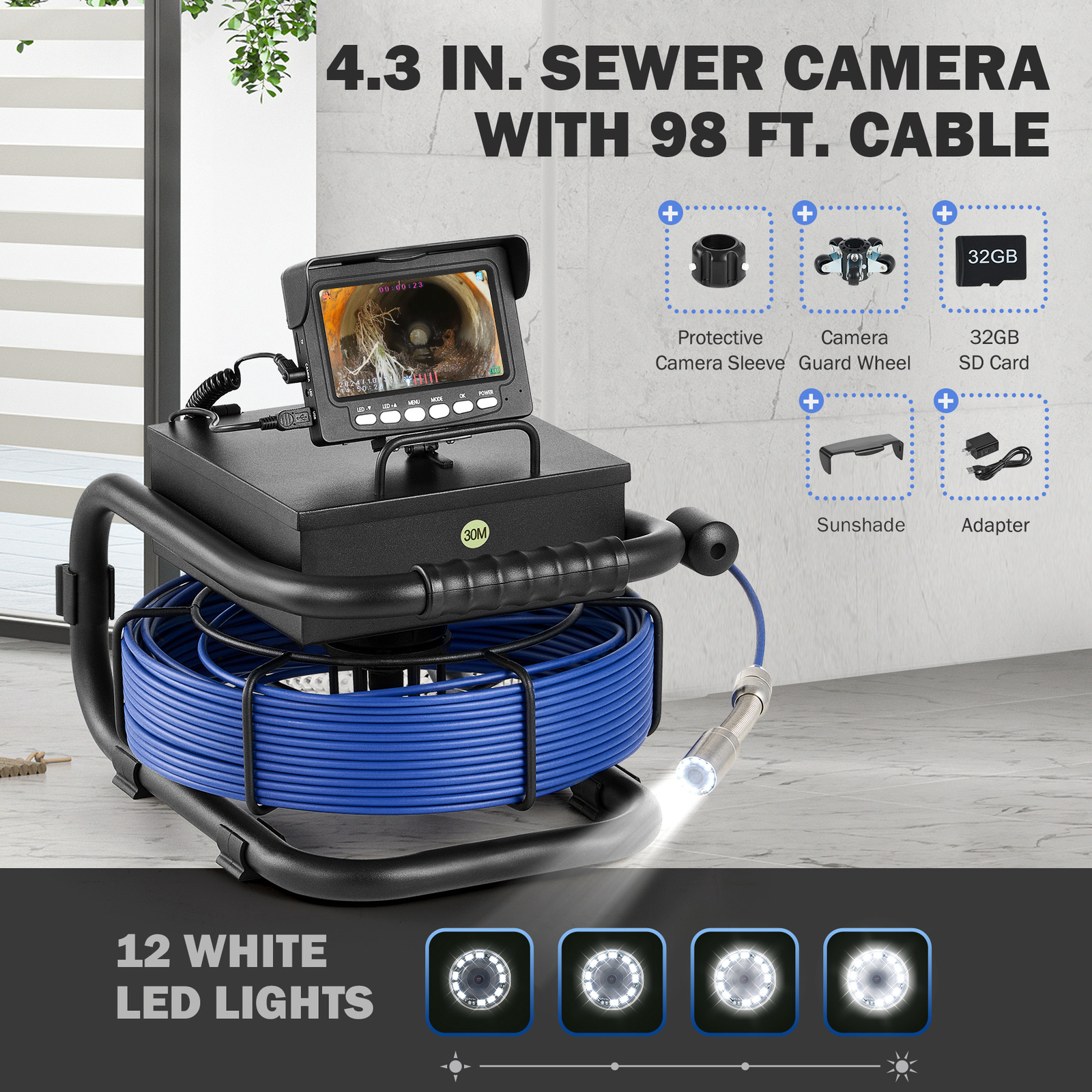 4.3 in. Sewer Inspection Camera w 98FT/30M Cable Rechargeable Battery for Pipe