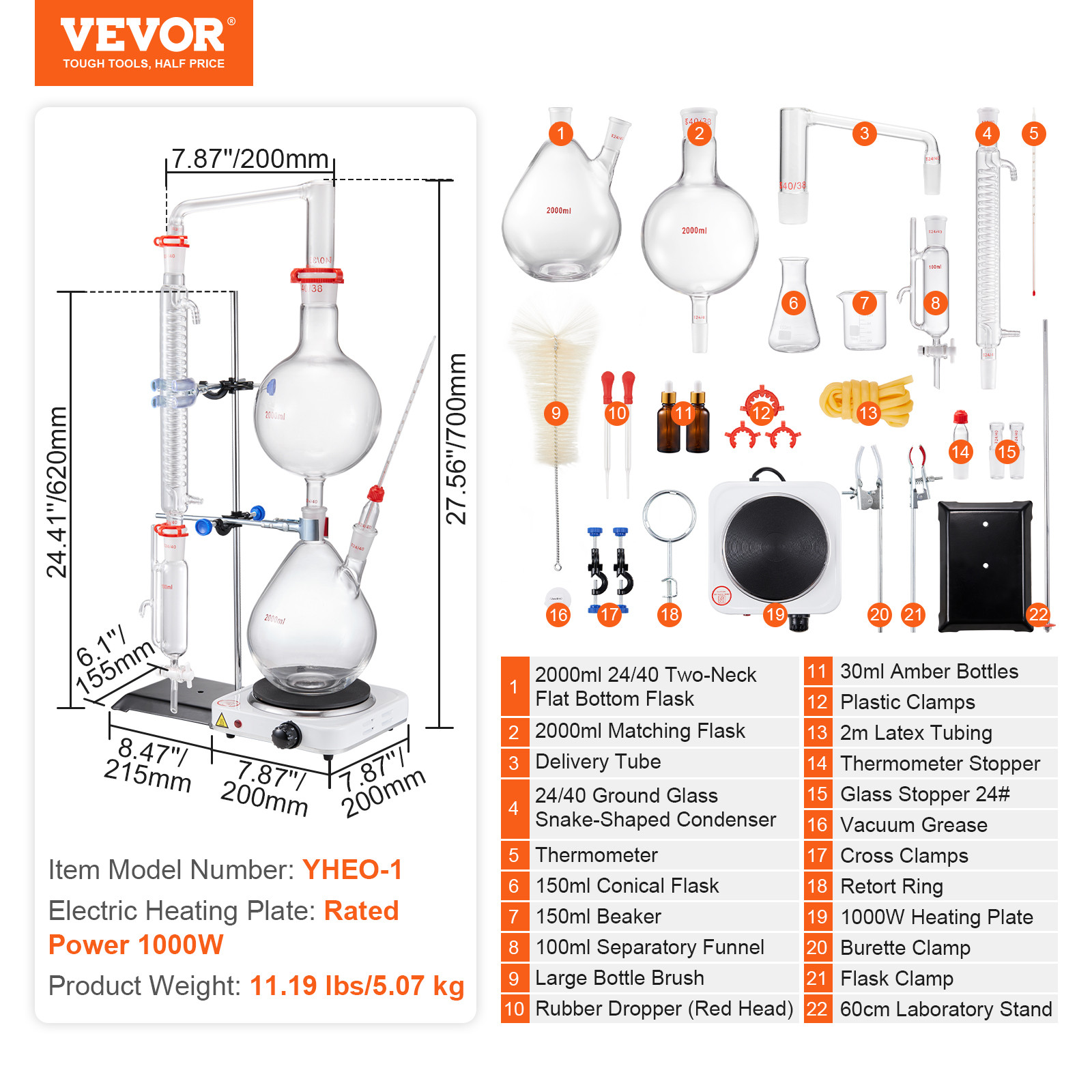 VEVOR Essential Oil Distillation Kit 2000ml Distillation Apparatus 28 pcs Set