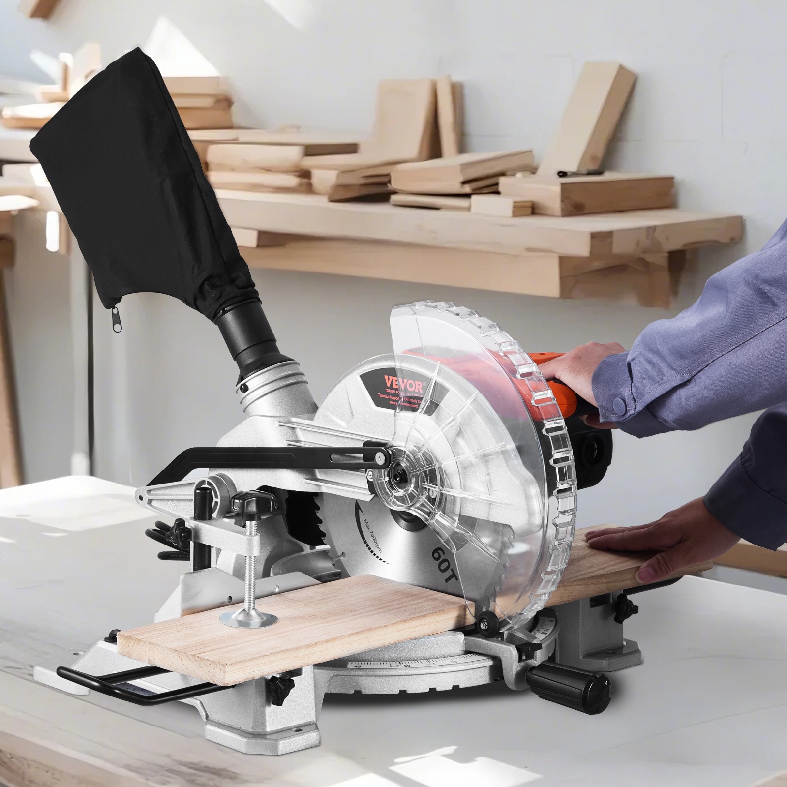 VEVOR Compound Miter Saw 10» Blade 15 Amp 60-Tooth Corded Single Bevel 0-45°