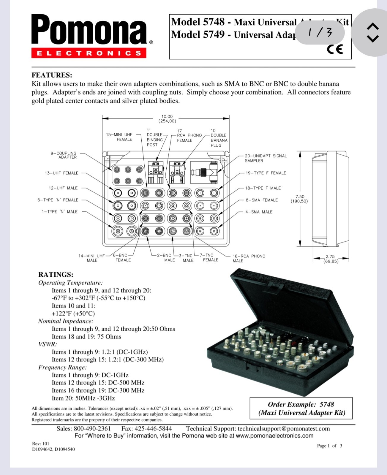 ITT Pomona Maxi Universal Adapter Kit Model: 5748 Coaxial Connector Tester Kit