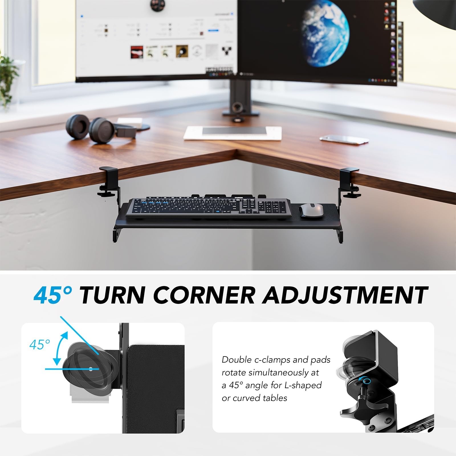 Adjustable Under Desk Keyboard Tray with C-Clamp Mount, 27.3″ x 11″ Slide-Out Dr