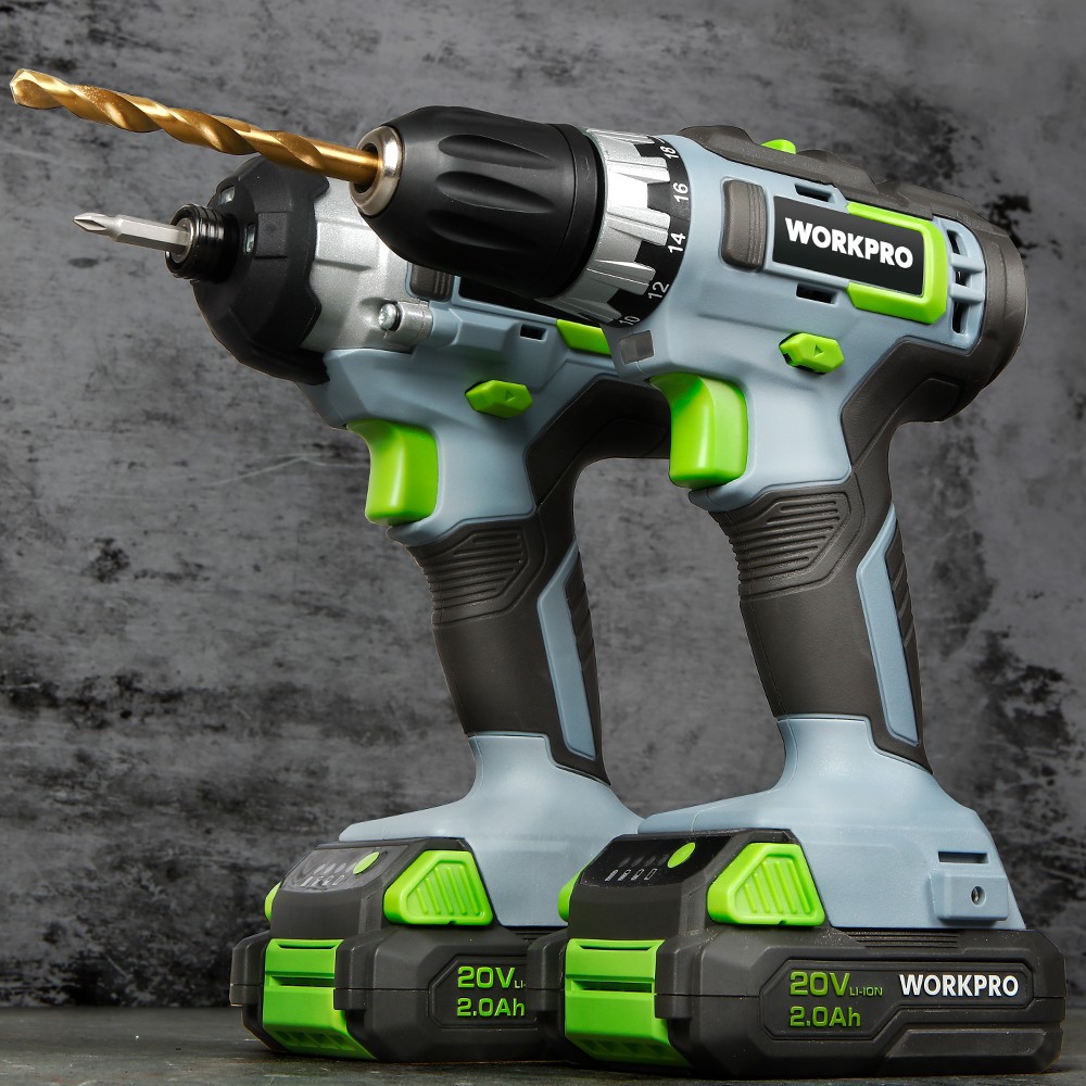 WORKPRO 20V Cordless Drill Driver Impact Driver Kit w/2PC Batteries Fast Charger