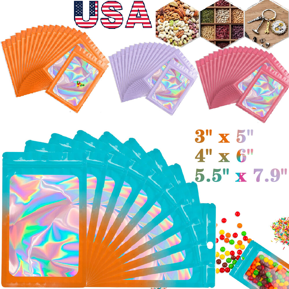 100 Holographic Mylar Bags Smell Proof Resealable Foil Pouches Gradient