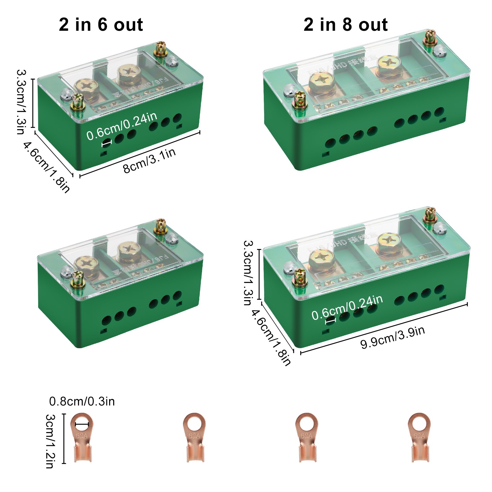 2PCS Wire Terminal Junction Box 2-In 6/8-Out for Universal Distribution Systems