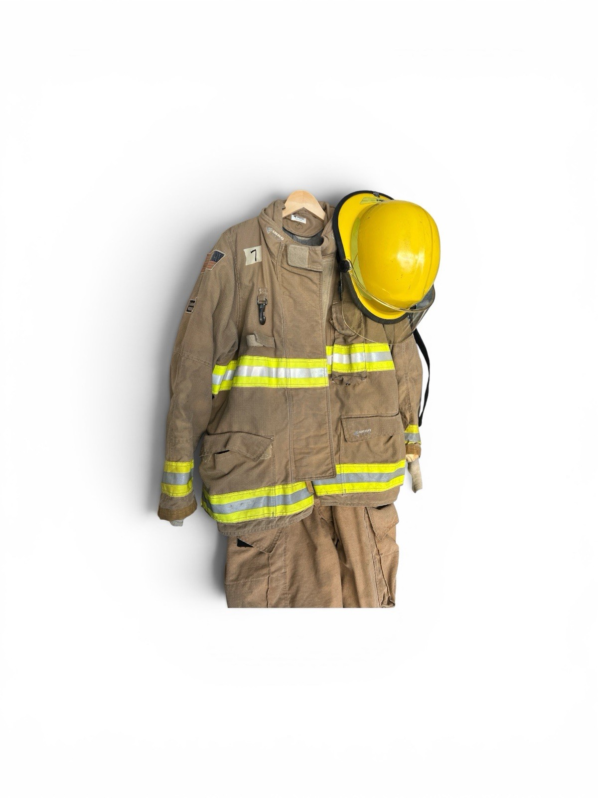 COMPLETE SET FIREFIGHTERS TURNOUT GEAR COAT PANTS BOOTS SUSPENDERS HELMET BOOTS