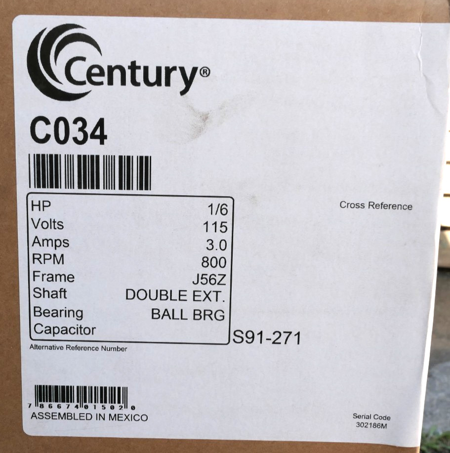 NEW Century C034 1/6 HP 115V 800 RPM 56Z Frame Motor ITT Nesbitt Replacement OEM