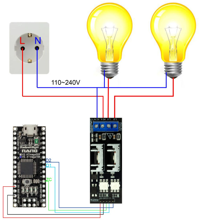 Dual Channel AC Light Dimmer Module with 3.3V/5V Logic for 50/60Hz 220V/110V