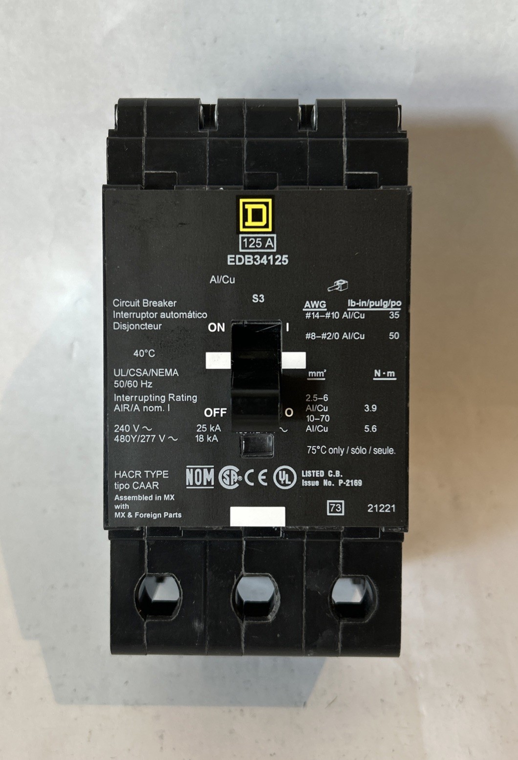 Square D EDB34125 125 Amp 3 Pole 480y/277 V 50/60 Hz Circuit Breaker