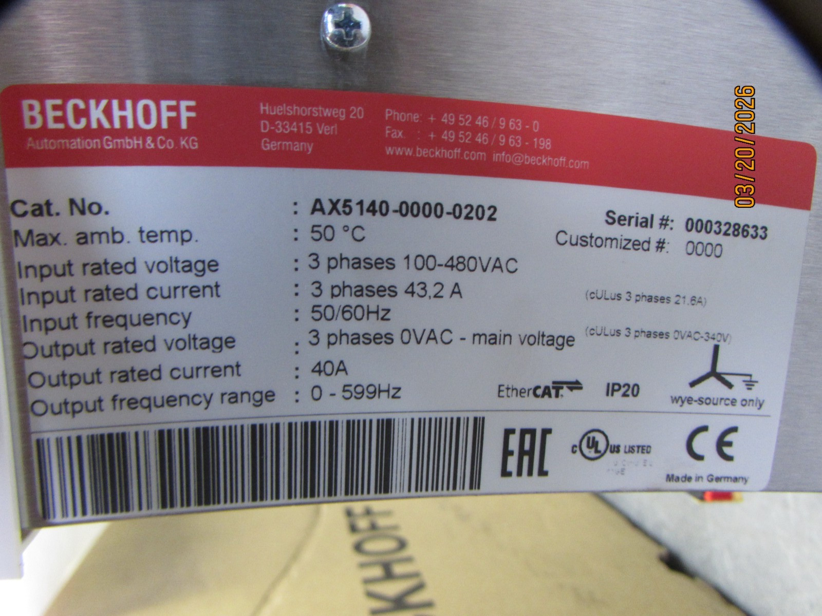 New! Beckhoff AX5140-0000-0202, Servo Drive, 3ph/ 100-480V/43.2A, MAKE OFFER!