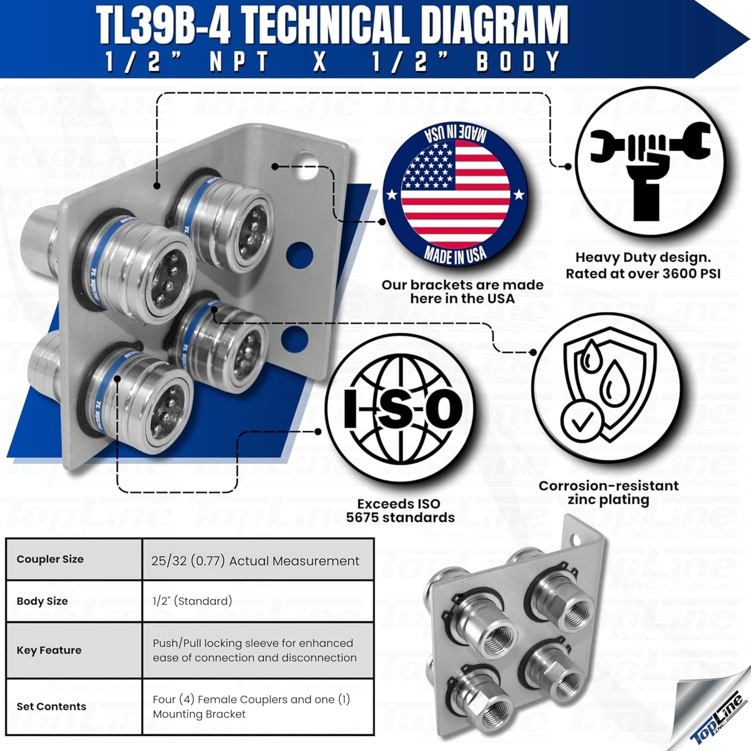 TL39B-4 Hydraulic Quick Release Coupling 1/2» NPT Break Away Mounting Bracket