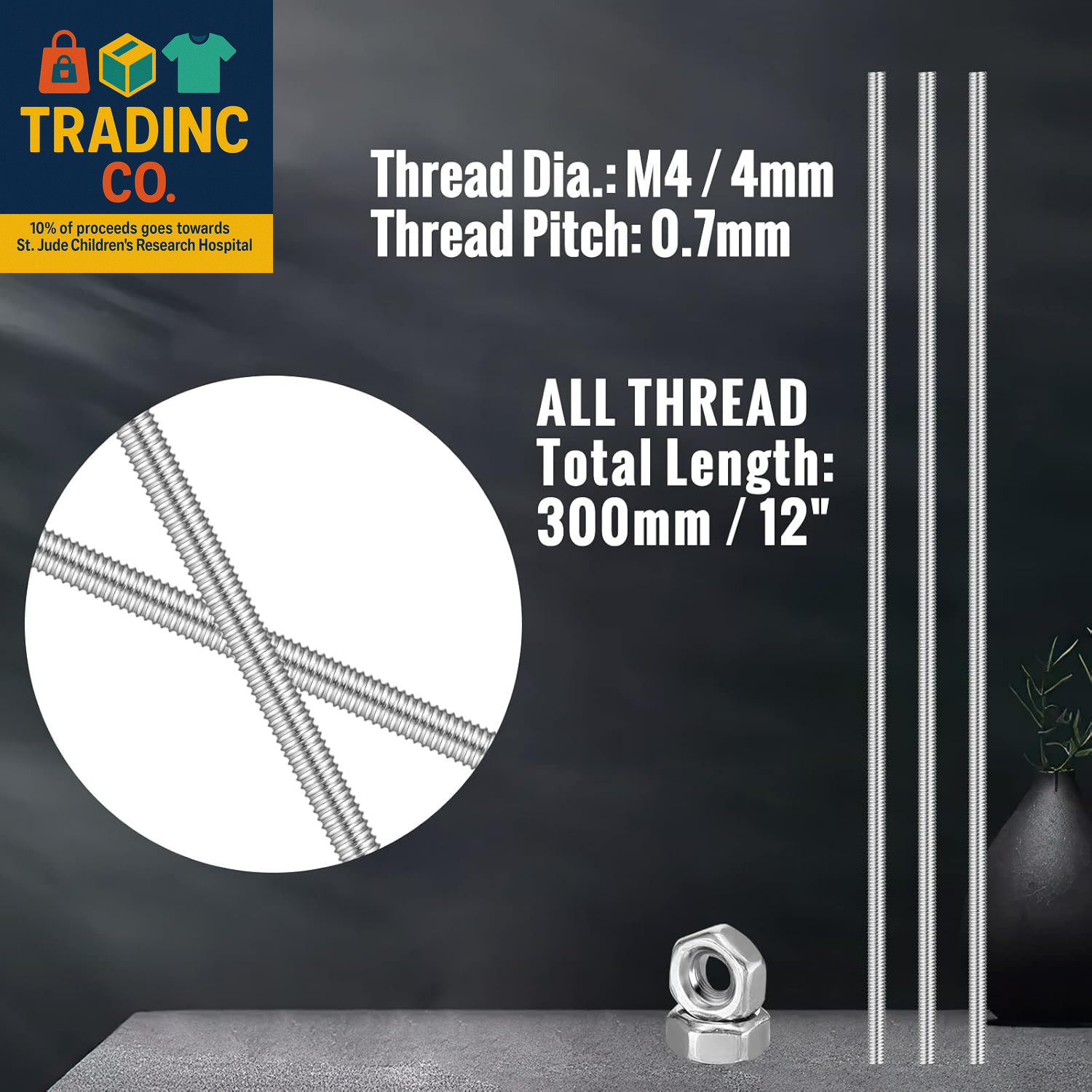 8/32 Inch 4Mm Threaded Rod with Hex Nuts 4Mm Stainless Steel Threads Studs Rods