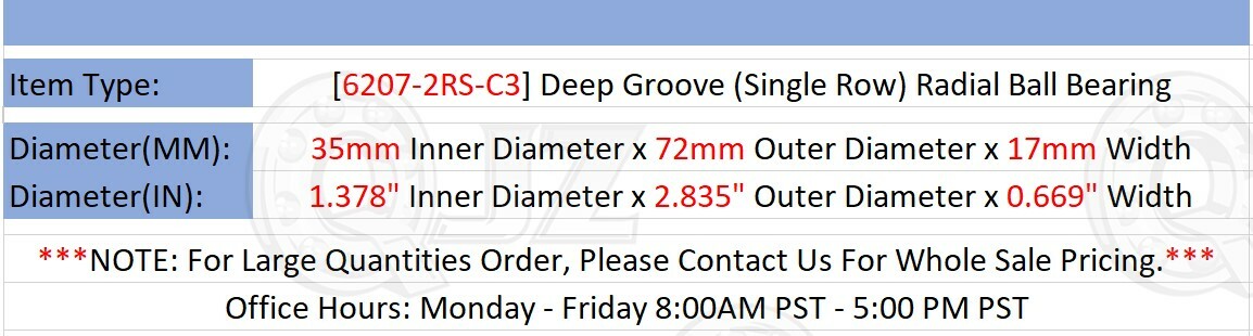 [Qty.50] New 6207-2RS-C3 Deep Groove Ball Bearing [35mm Bore x 72mm OD x 17mm W]