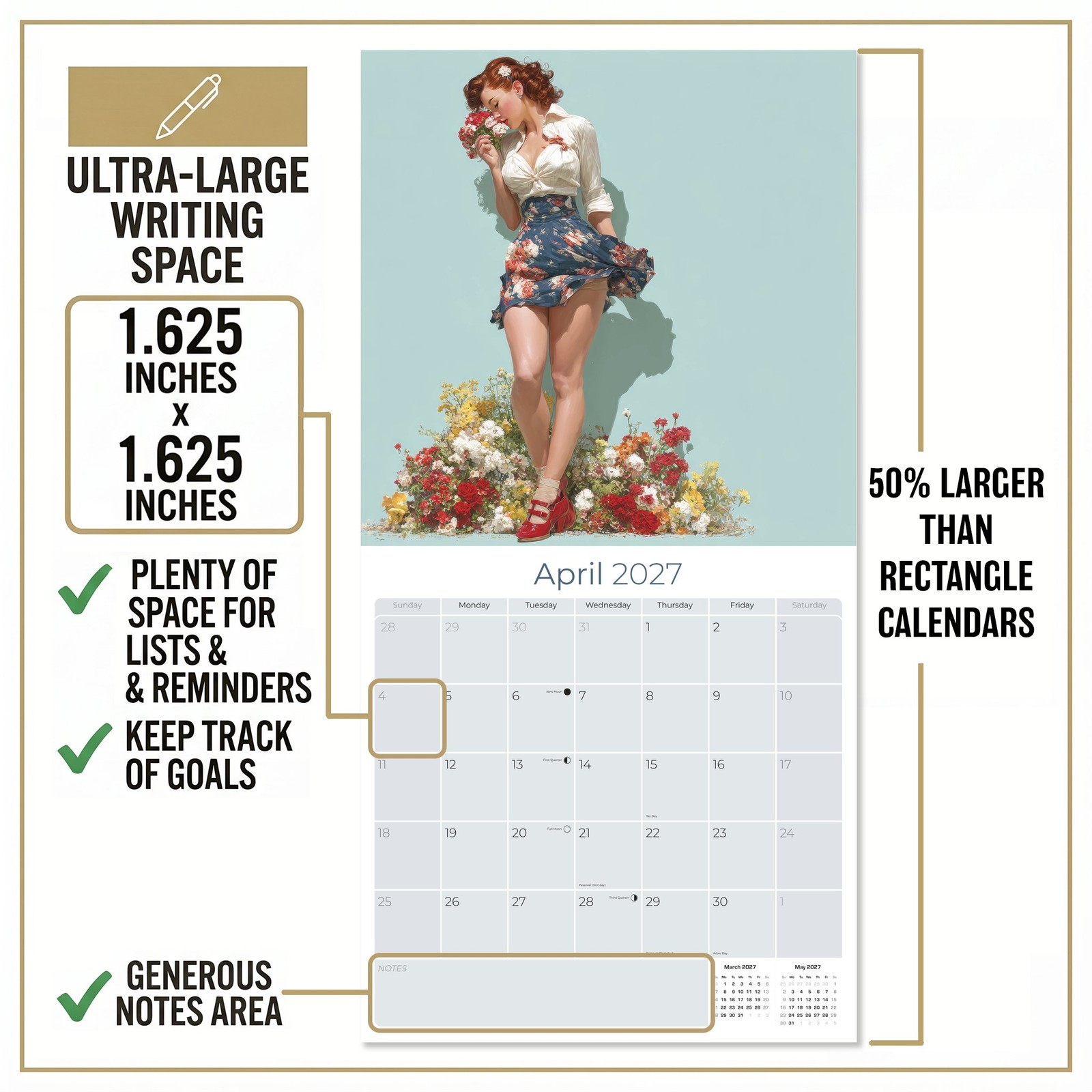 Vintage Pin Ups Wall Calendar 2026 FULL SIZE 12×24 Made in USA