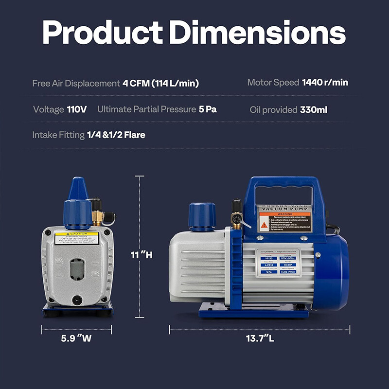 4CFM 1/3HP Rotary Vane Vacuum Pump HVAC AC Air Tool Single-Stage w/ Oil Bottle