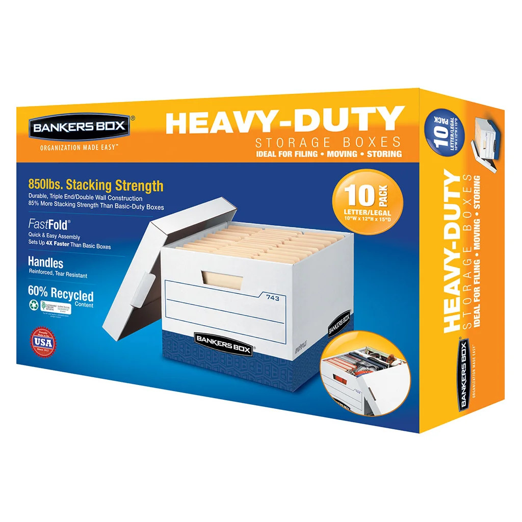 Bankers Box Heavy Duty File Boxes 10‑Pack Letter/Legal 850 lb Stack Strength,NEW
