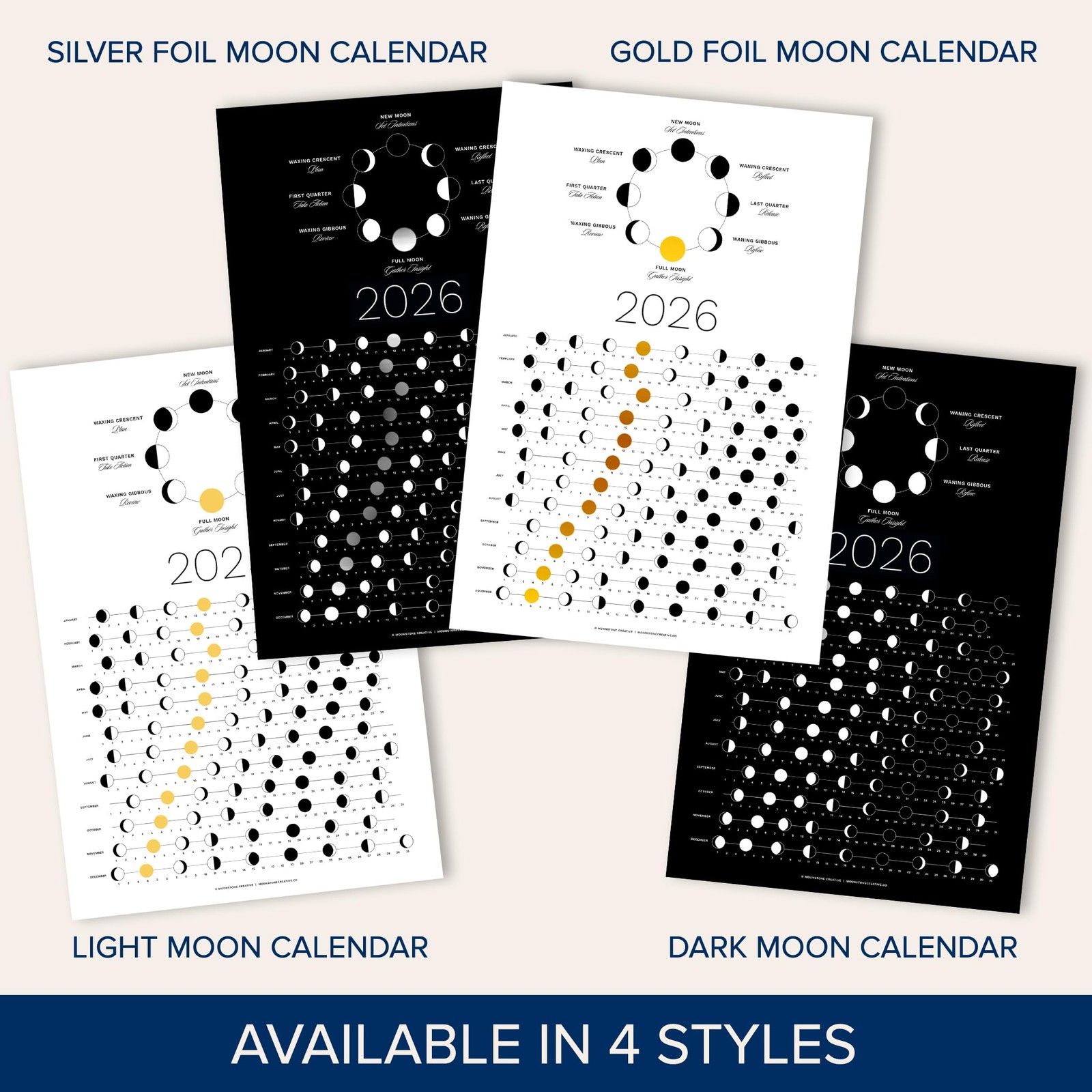 2026 Dark Moon Phase Calendar (SHIPS FLAT) Hangable Lunar Wall 2026