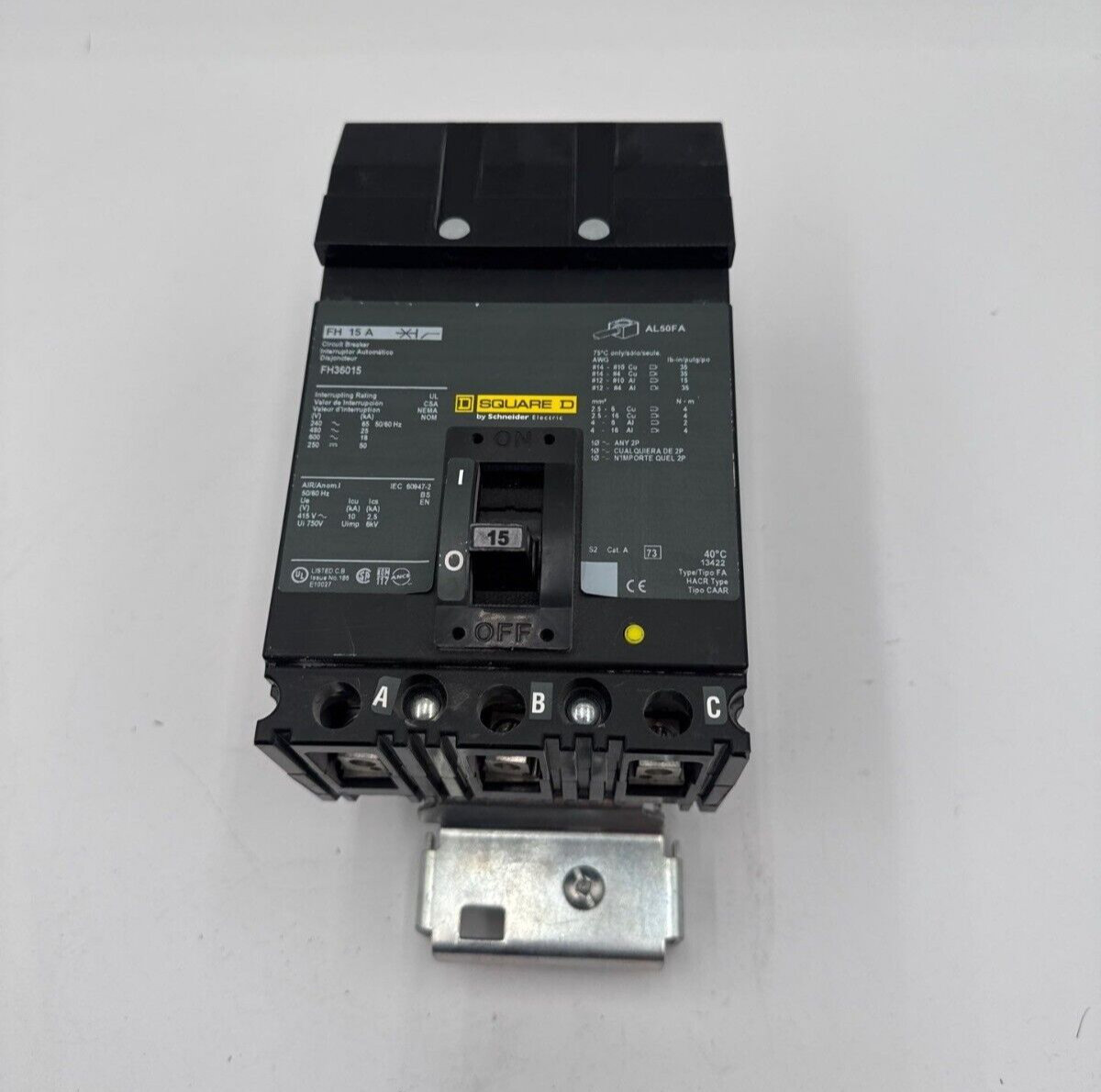 Square D FH36015 I-Line Circuit Breaker 15A 3P 600V 3PH FA 15 Amp 3 Pole Used