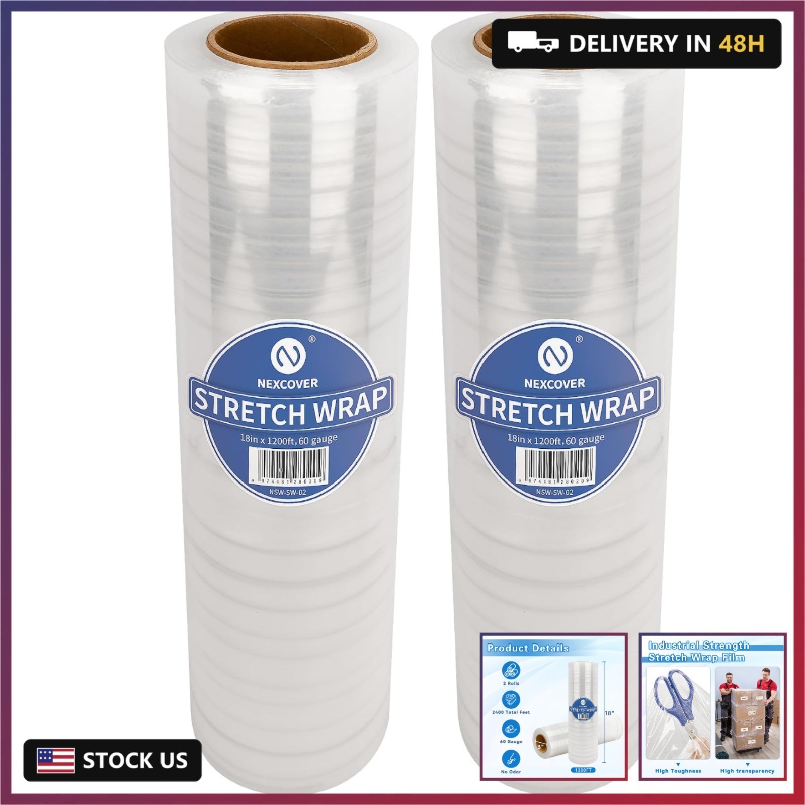 18 Inch Stretch Wrap – 1200 Feet | 60 Gauge, 2 Roll Clear Plastic Self-adhering