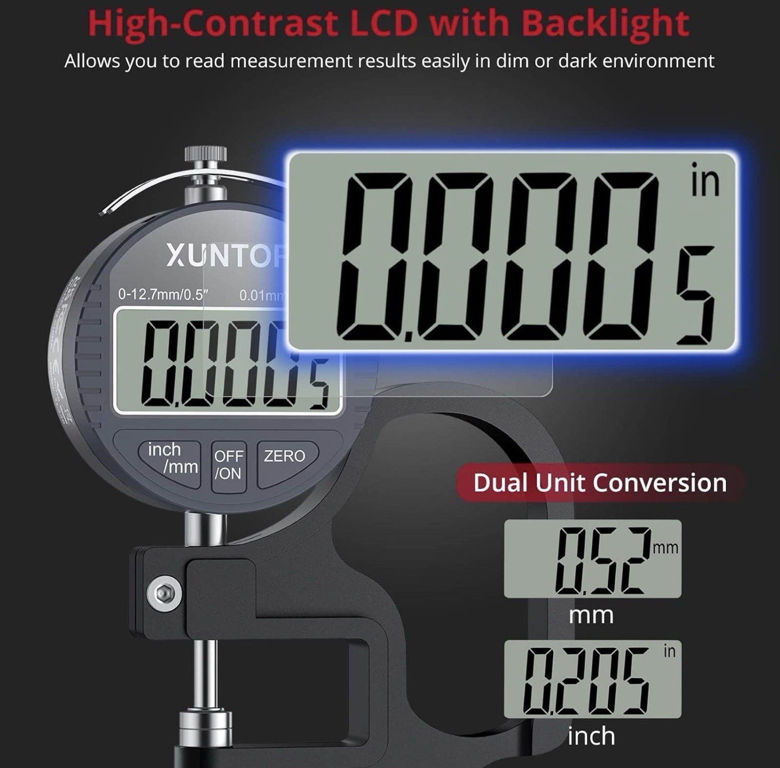 Digital Thickness Gauge 0.5inch 12.7mm LCD Display Unit Conversion