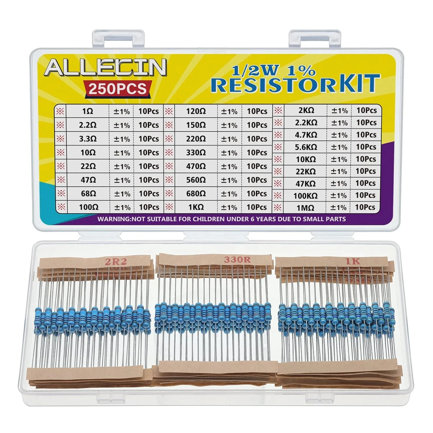 25 Values 1/2W Resistor Kit from 1 Ohm to 1M Ohm 1/2 Watt 1% Metal Film Resistor