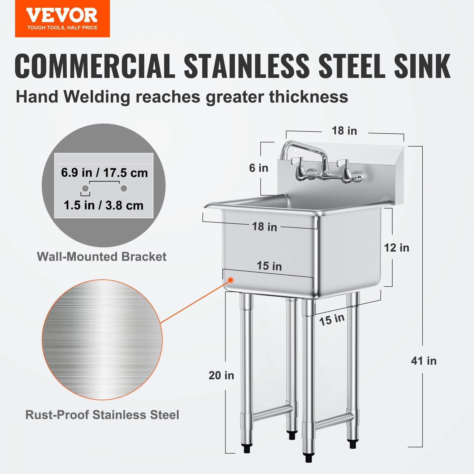 VEVOR Commercial Utility & Prep Sink 1 Compartment Stainless Steel Backsplash