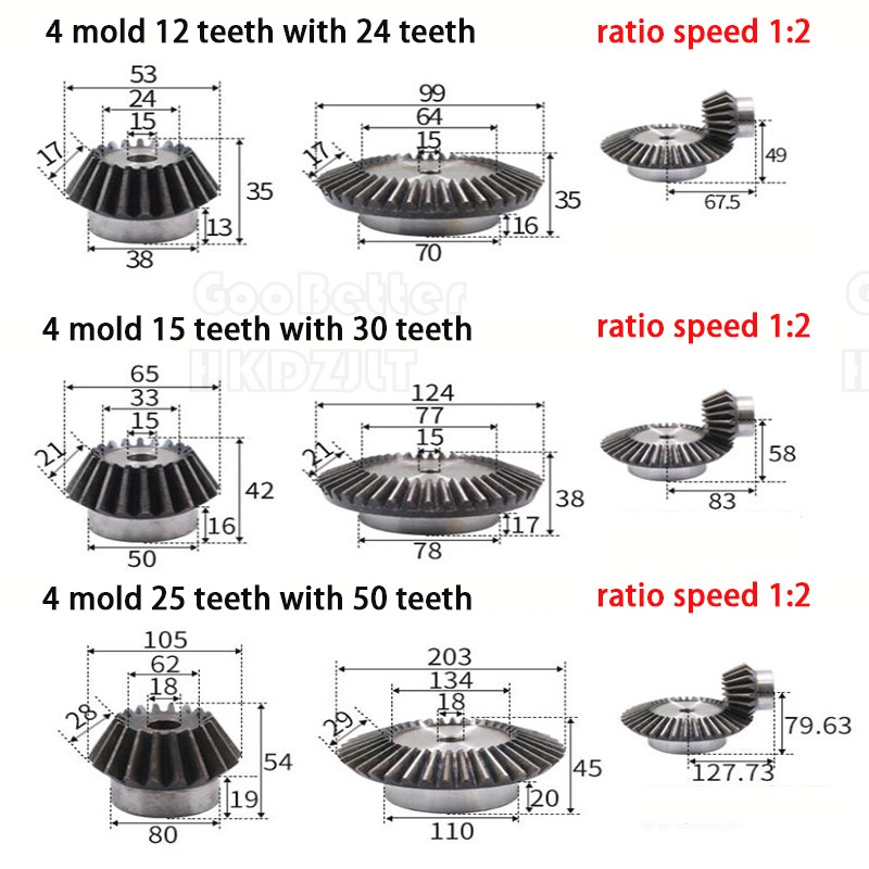 0.5/0.8/1/1.5 – 4 Mod Bevel Gear 10-70 Teeth Transmission Gears Bevel Teeth 90°