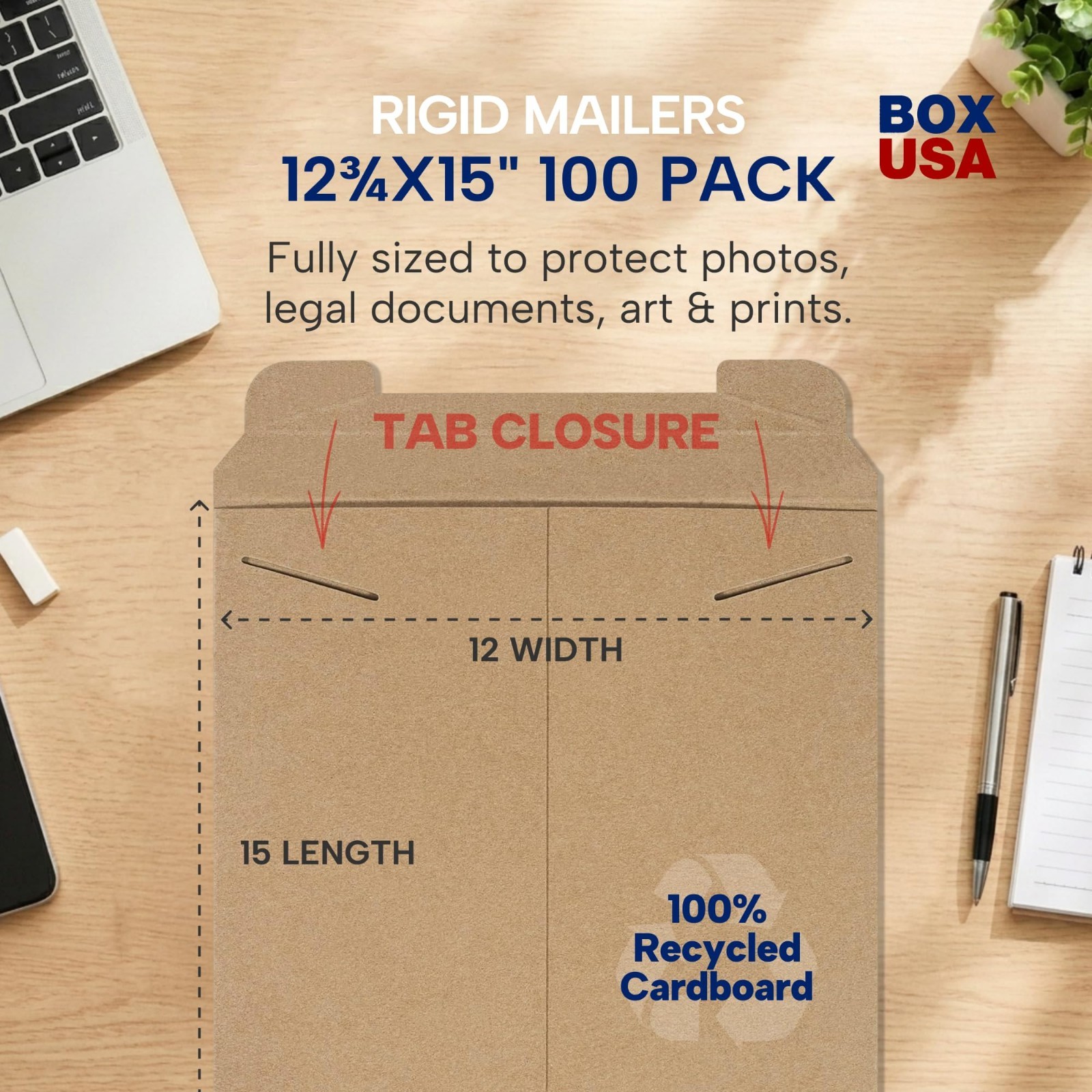 Rigid Mailers 12″ x 15″ (100-Pack) – Kraft Envelopes for Photos, Documents, Artw