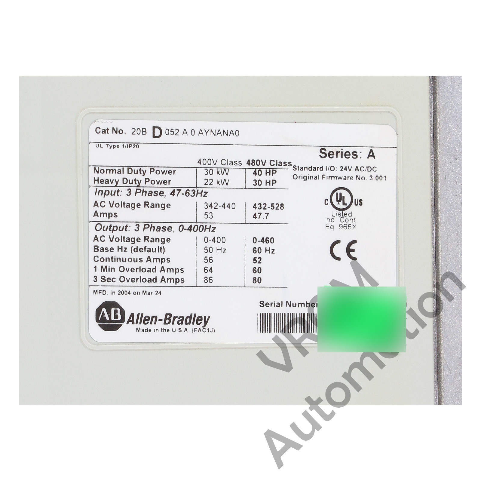 Allen Bradley 20BD052A0AYNANA0 /A PowerFlex 700 480V 52A 40HP Normal Duty 30HP H